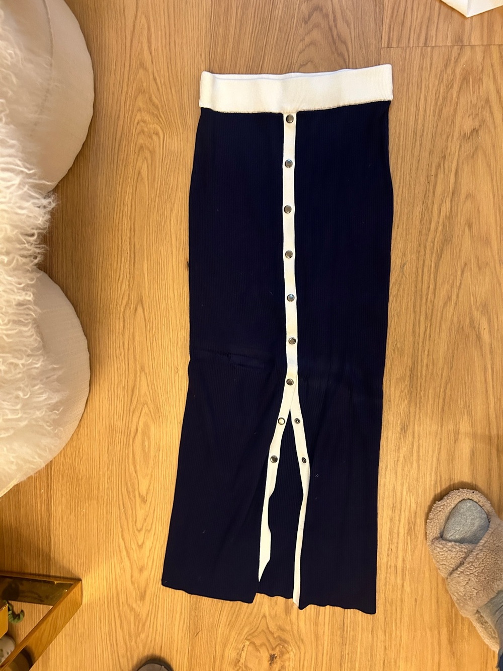 Ramy Brook Navy Ribbed Midi Skirt with White Trim and Front Snap Detail